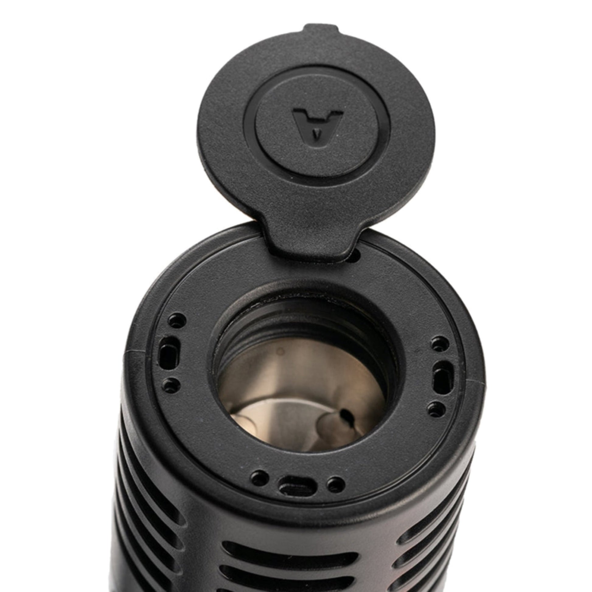 a close up of a metal object on a white background