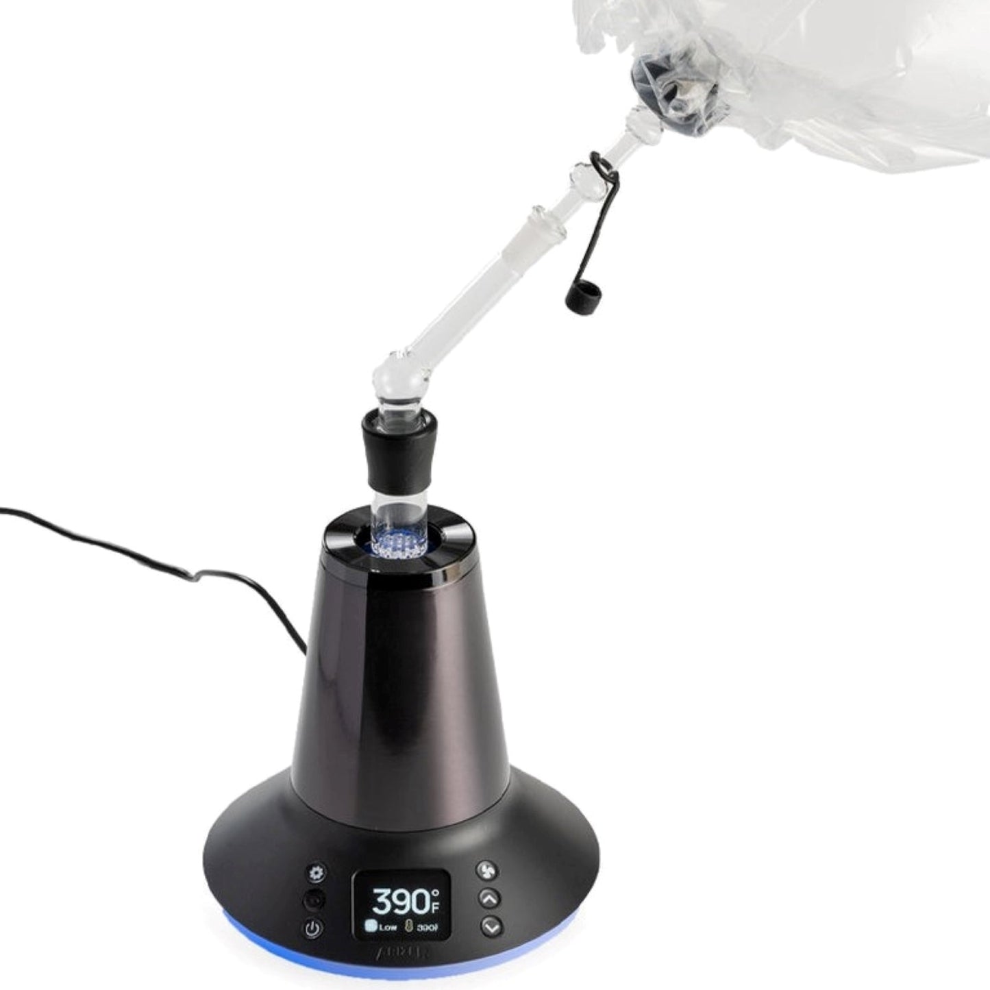 a black and white object with a light on top of it