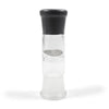 a glass pepper mill with a black top
