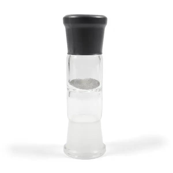 a glass pepper mill with a black top