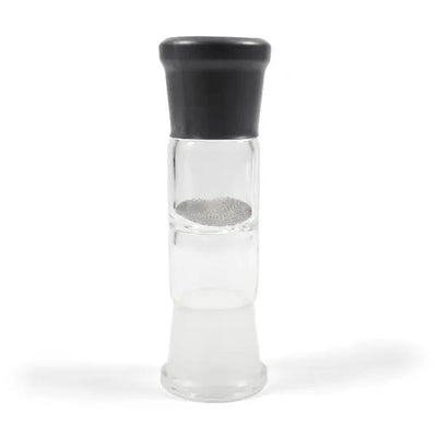a glass pepper mill with a black top