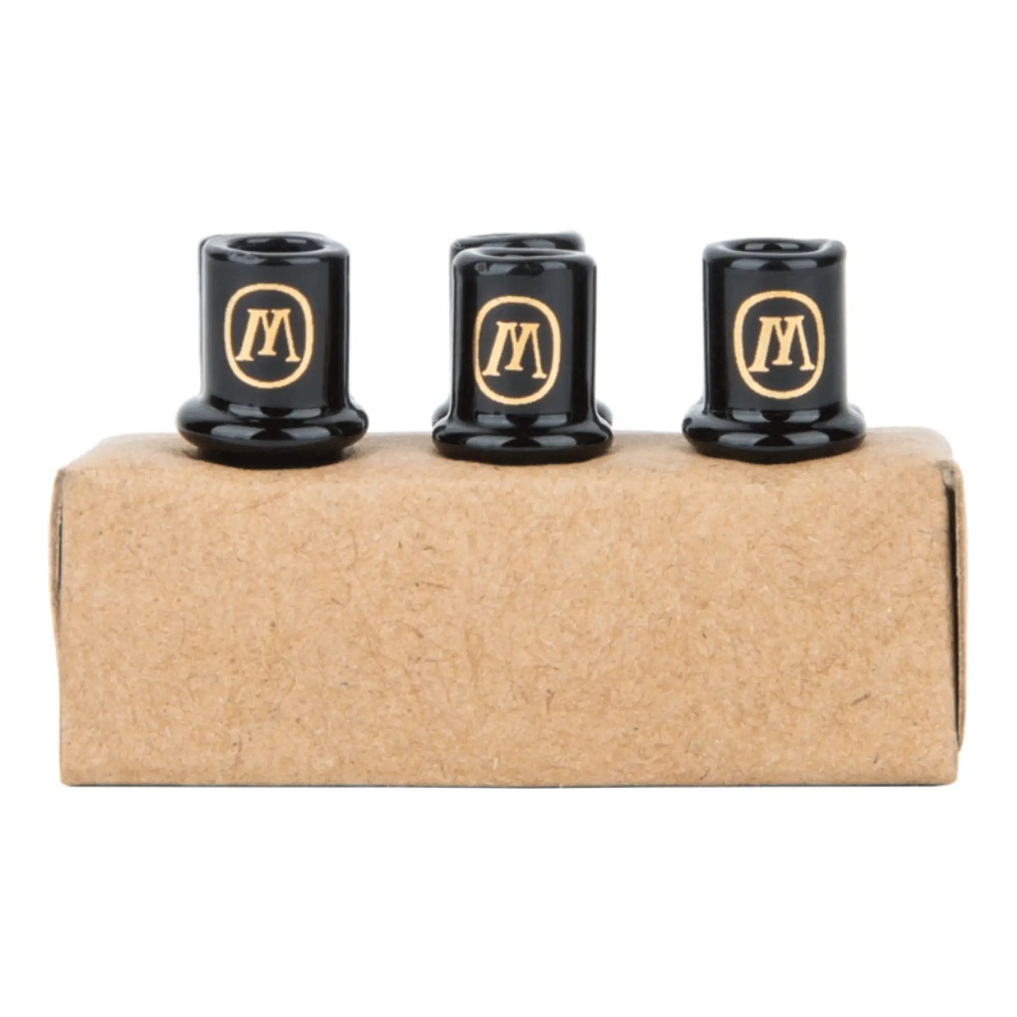 a couple of black knobs sitting on top of a cardboard box