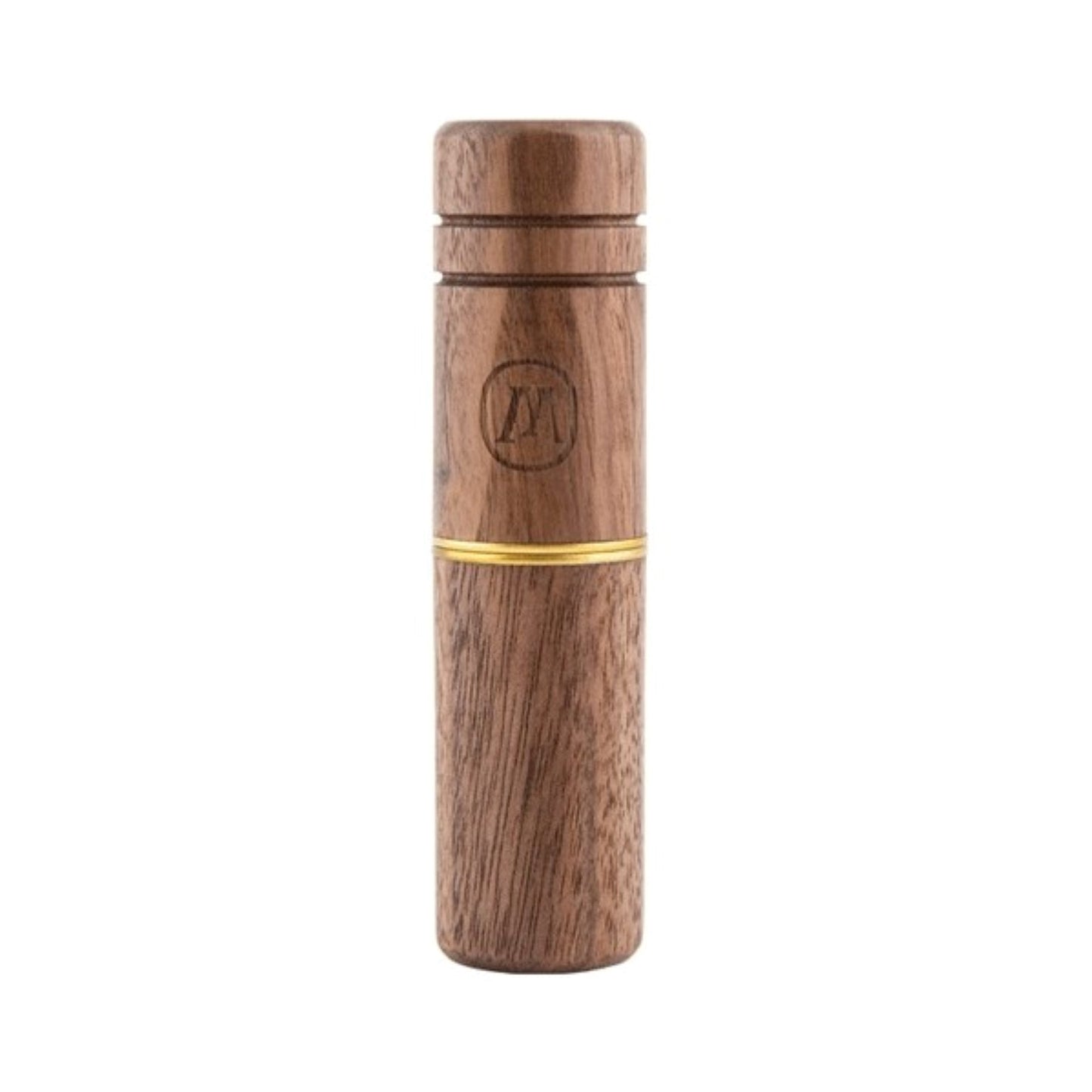a wooden bottle with a gold stripe around it