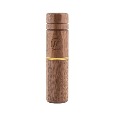 a wooden bottle with a gold stripe around it
