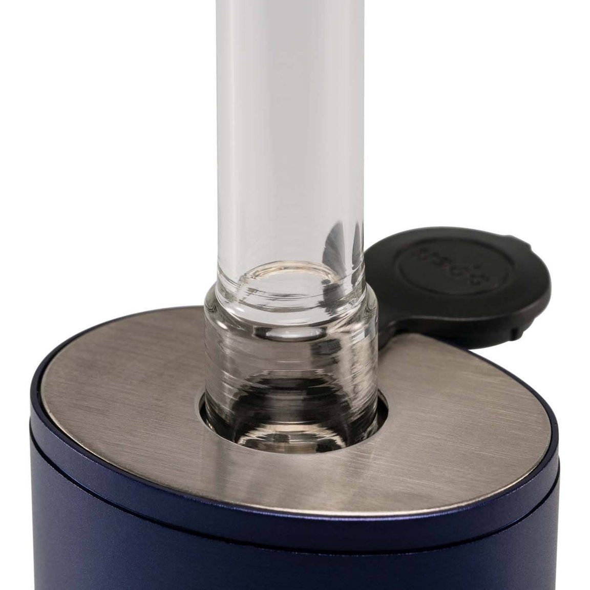a glass and metal device with a black lid