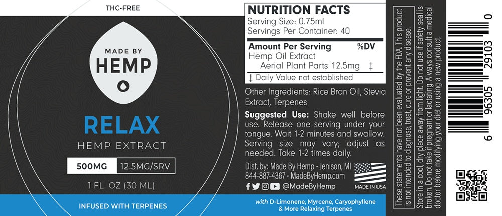 Made by Hemp RELAX Hemp Extract (1oz, 500-2000mg CBD)💧 by Made by Hemp | Mission Dispensary