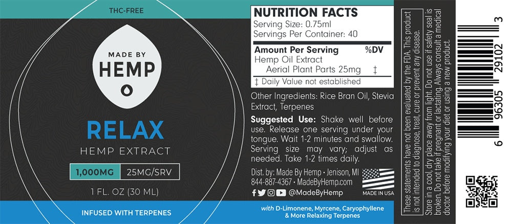 Made by Hemp RELAX Hemp Extract (1oz, 500-2000mg CBD)💧 by Made by Hemp | Mission Dispensary