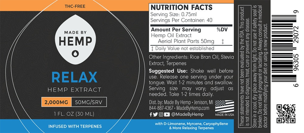 Made by Hemp RELAX Hemp Extract (1oz, 500-2000mg CBD)💧 by Made by Hemp | Mission Dispensary