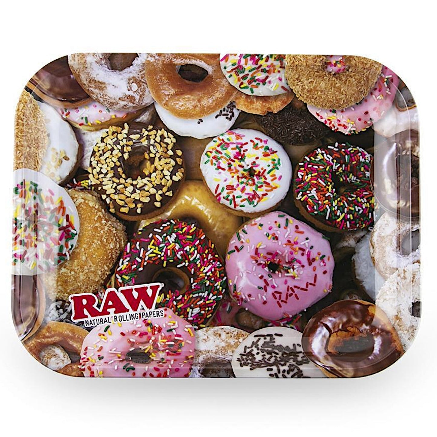 Raw® Donuts Large Metal Rolling Tray 🍩 (14 x 11) by RAW Rolling Papers | Mission Dispensary